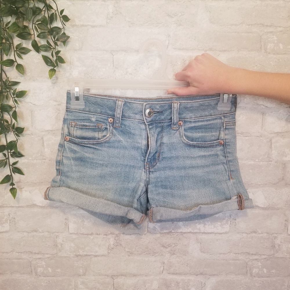 American Eagle Light-Wash Denim Midi Shorts